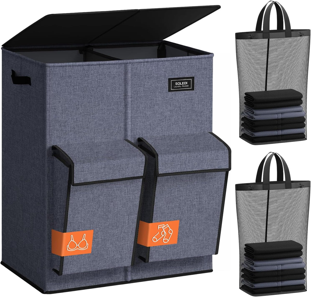180L Double Laundry Hamper with Lid and 2 Side Pockets, Dual Hamper