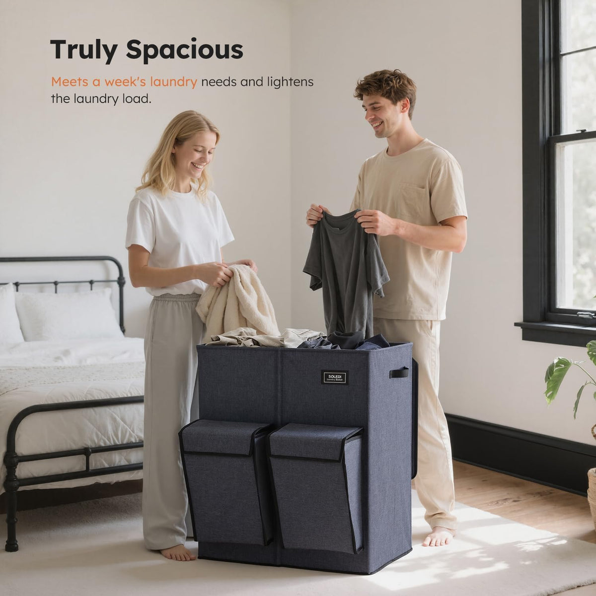 180L Double Laundry Hamper with Lid and 2 Side Pockets, Dual Hamper
