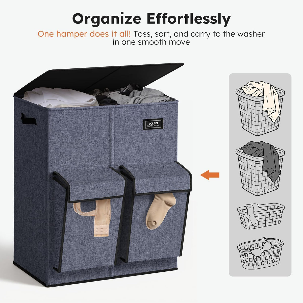 180L Double Laundry Hamper with Lid and 2 Side Pockets, Dual Hamper