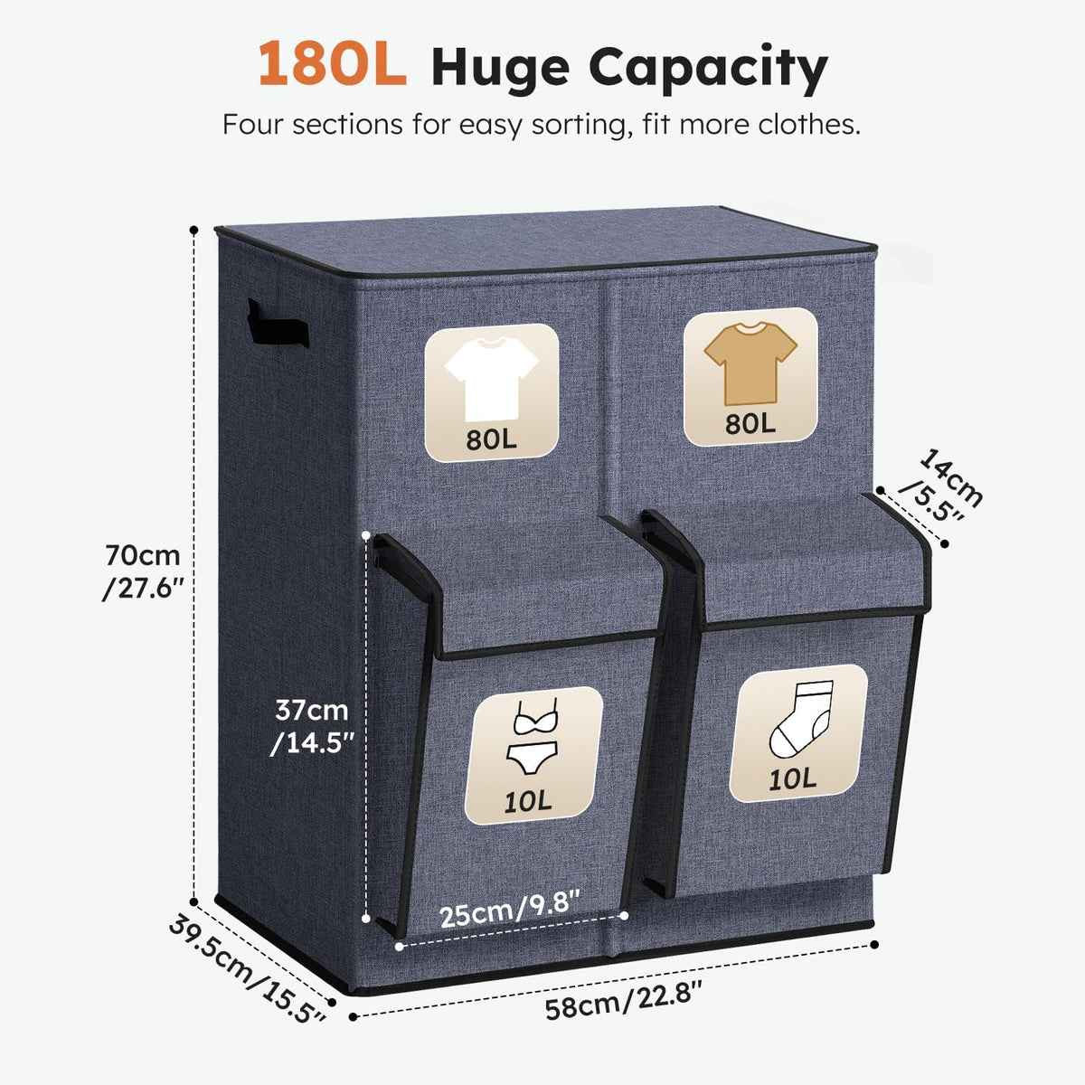180L Double Laundry Hamper with Lid and 2 Side Pockets, Dual Hamper