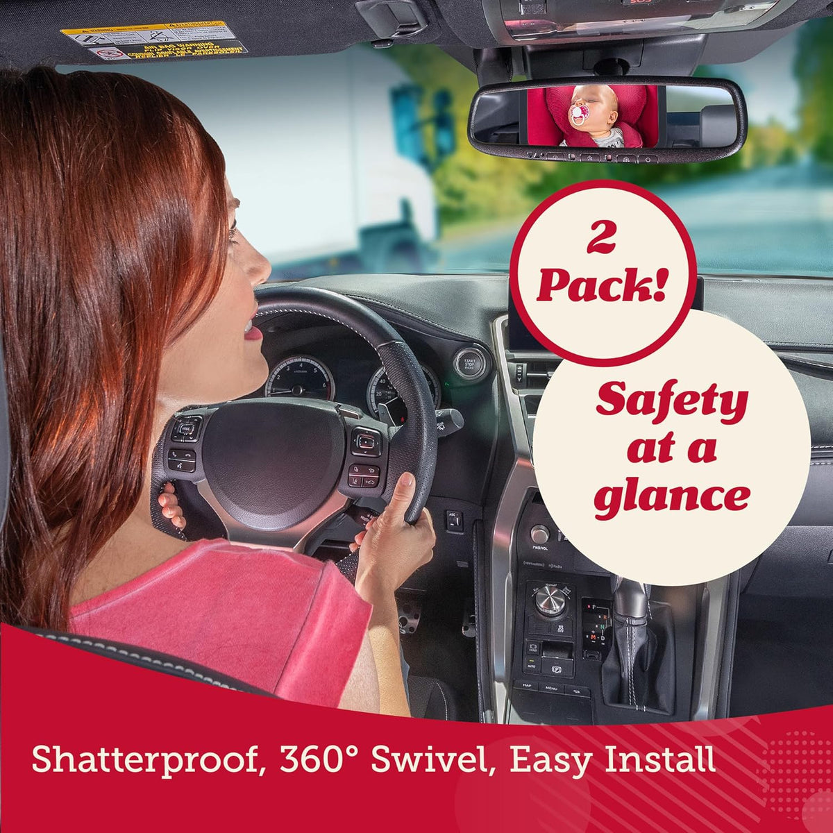 Baby Car Mirror - Secure Headrest Mount for Rear-Facing Seat Mirror - Shatter-Resistant Glass for Clear Infant View - Newborn Car Seat Accessory & Baby Essentials - Large, Black