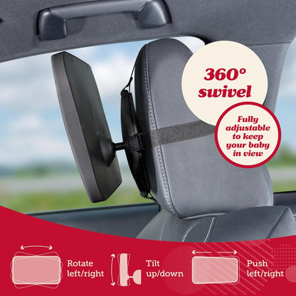 Baby Car Mirror - Secure Headrest Mount for Rear-Facing Seat Mirror - Shatter-Resistant Glass for Clear Infant View - Newborn Car Seat Accessory & Baby Essentials - Large, Black