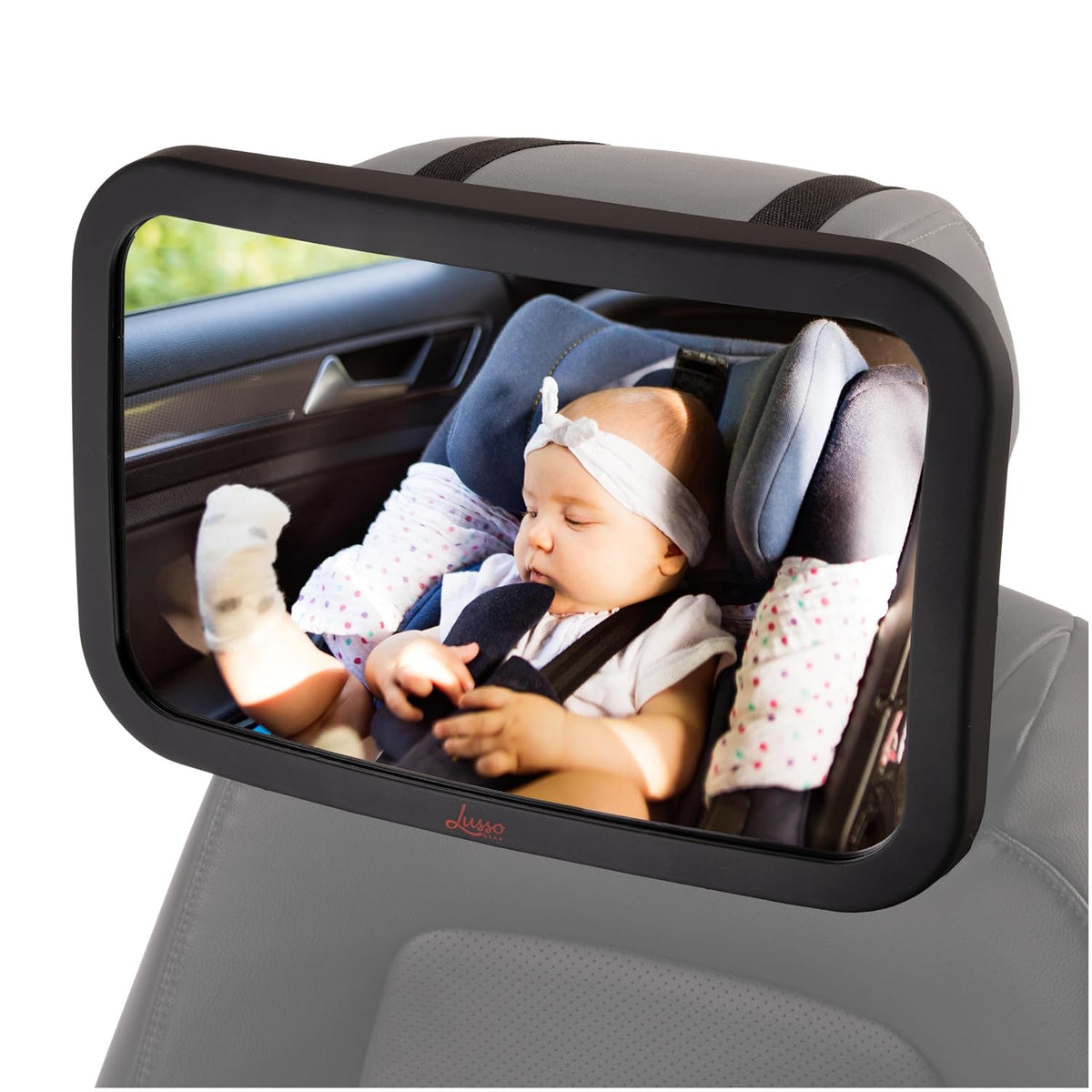 Baby Car Mirror - Secure Headrest Mount for Rear-Facing Seat Mirror - Shatter-Resistant Glass for Clear Infant View - Newborn Car Seat Accessory & Baby Essentials - Large, Black