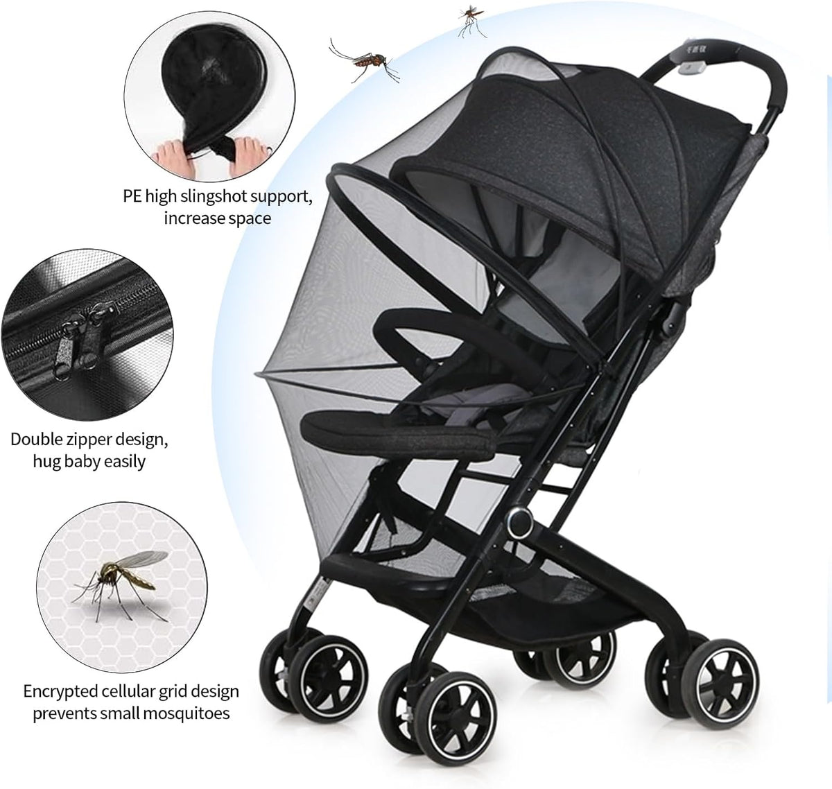 2-in-1 Stroller Cover UPF 50+ Sun Shade & Mosquito Net 3D Canopy