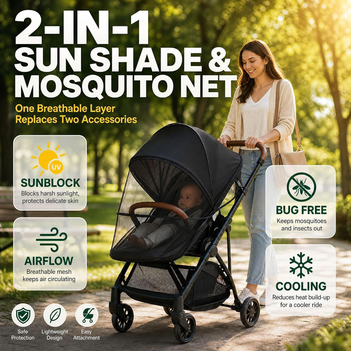 2-in-1 Stroller Cover UPF 50+ Sun Shade & Mosquito Net 3D Canopy
