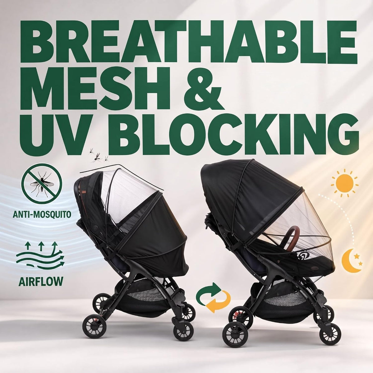 2-in-1 Stroller Cover UPF 50+ Sun Shade & Mosquito Net 3D Canopy