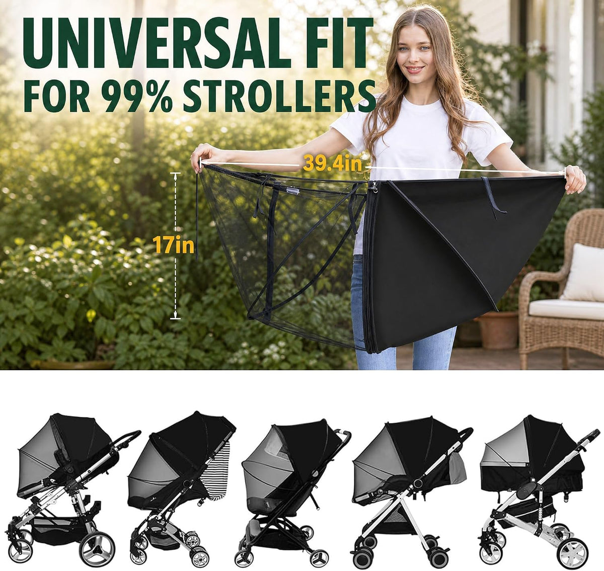 2-in-1 Stroller Cover UPF 50+ Sun Shade & Mosquito Net 3D Canopy