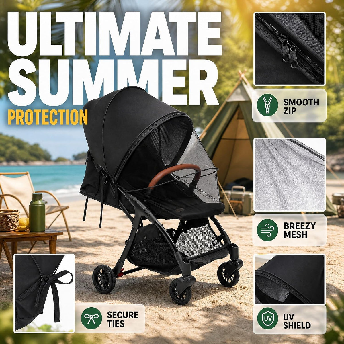 2-in-1 Stroller Cover UPF 50+ Sun Shade & Mosquito Net 3D Canopy