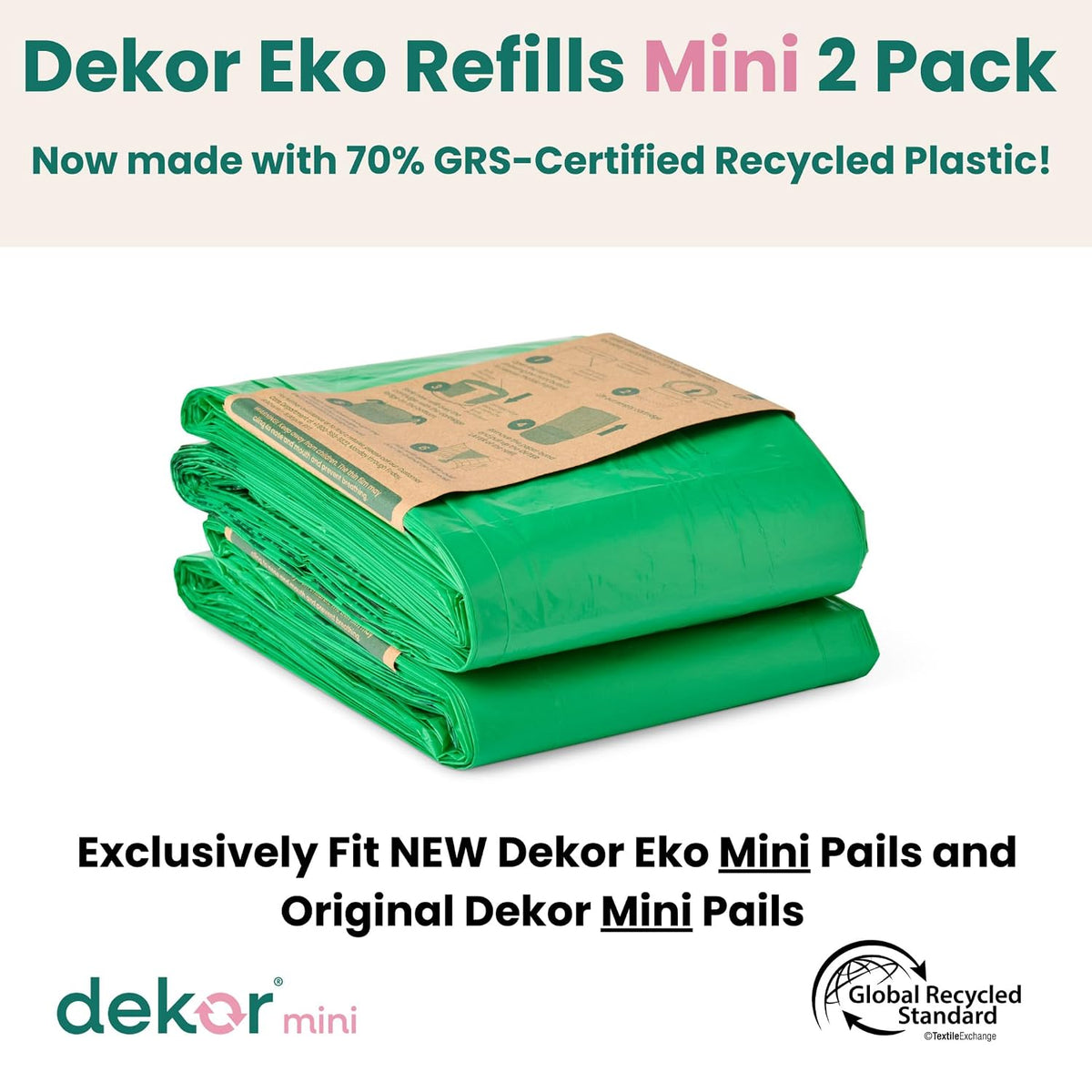 MINI Refills, 2 Count | ONLY Eco-Friendly Diaper Pail Refills Made With 70% Recycled Materials | Quicker, Easier & More Cost Effective than Trash Bags | Unscented