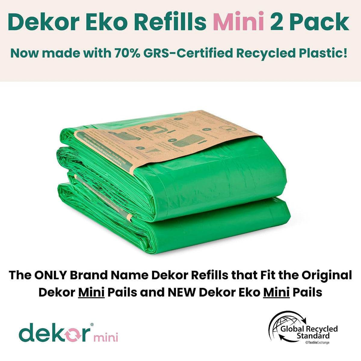 MINI Refills, 2 Count | ONLY Eco-Friendly Diaper Pail Refills Made With 70% Recycled Materials | Quicker, Easier & More Cost Effective than Trash Bags | Unscented