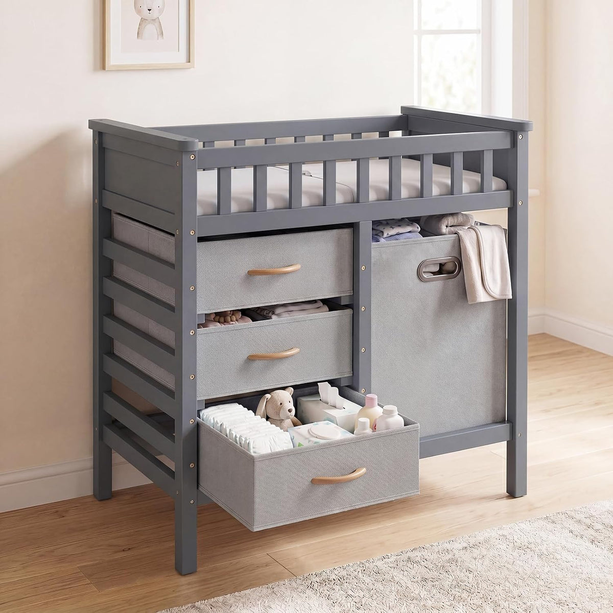 Wooden Baby Changing Table with Comfy Changing Pad, 3 Fabric Drawers, Laundry Hamper, Safety Belt, Diaper Station Dresser for Nursery Infant (White)