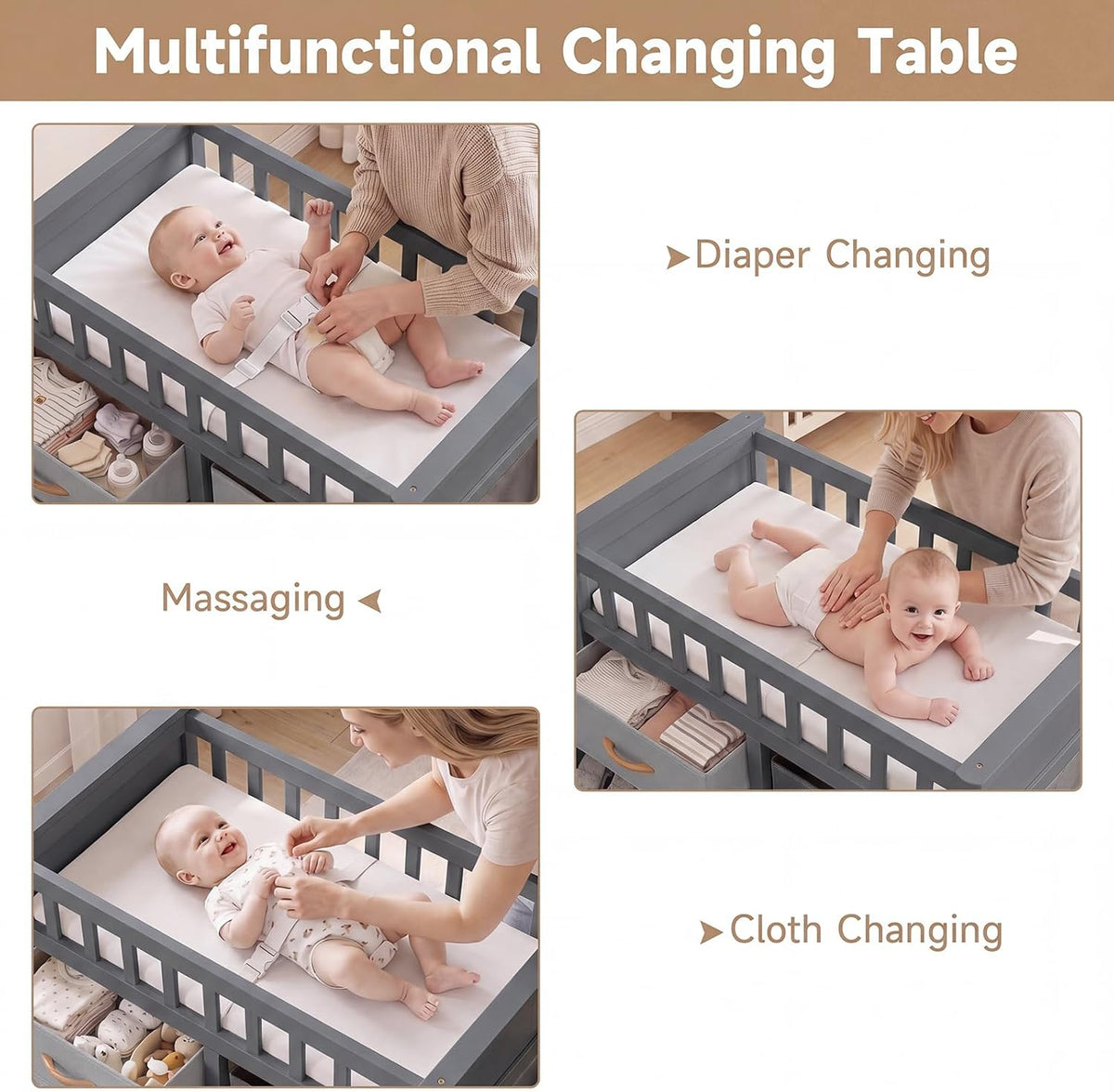 Wooden Baby Changing Table with Comfy Changing Pad, 3 Fabric Drawers, Laundry Hamper, Safety Belt, Diaper Station Dresser for Nursery Infant (White)
