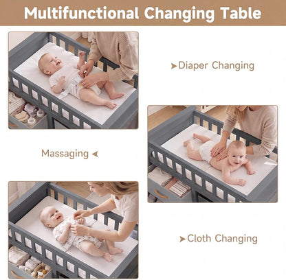 Wooden Baby Changing Table with Comfy Changing Pad, 3 Fabric Drawers, Laundry Hamper, Safety Belt, Diaper Station Dresser for Nursery Infant (White)