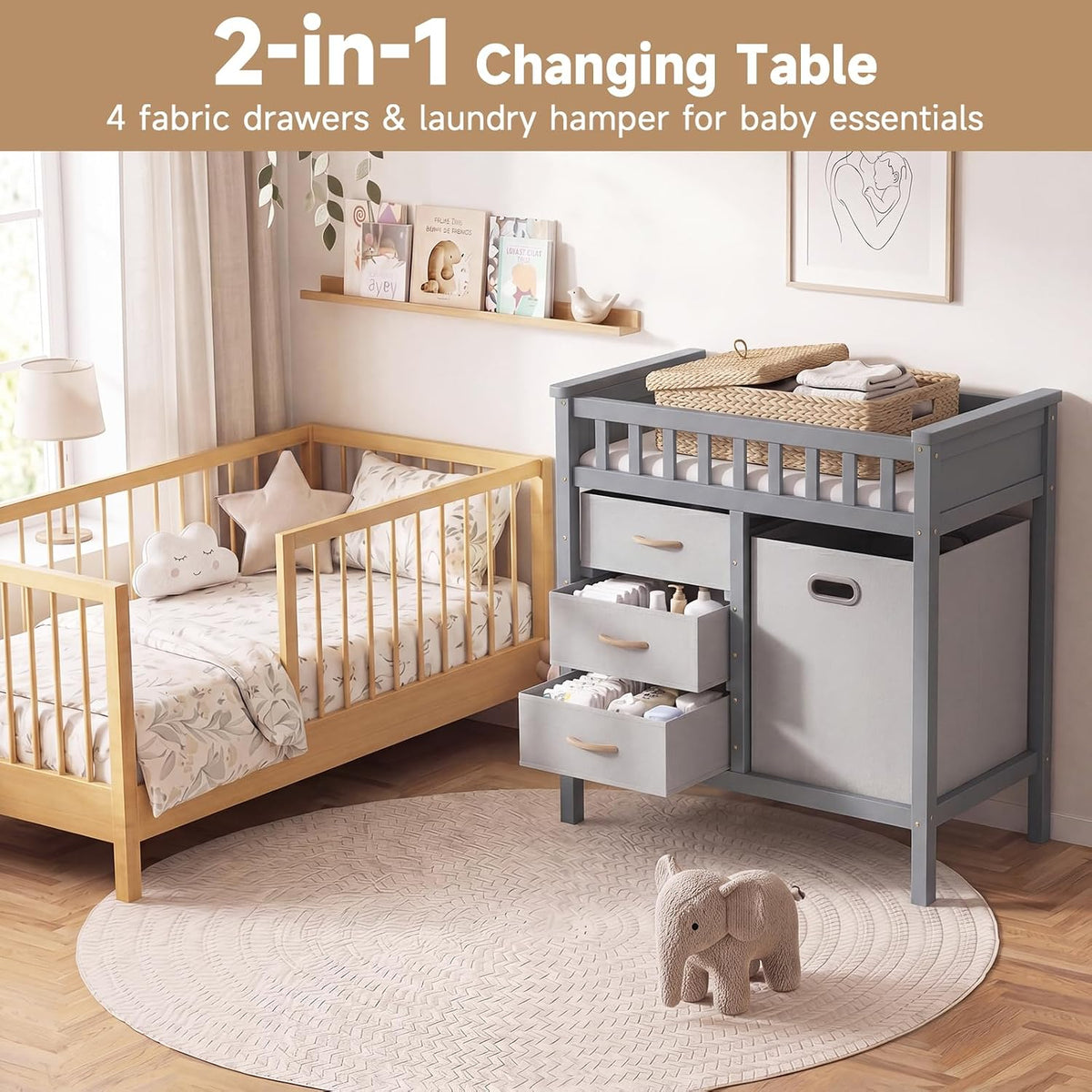 Wooden Baby Changing Table with Comfy Changing Pad, 3 Fabric Drawers, Laundry Hamper, Safety Belt, Diaper Station Dresser for Nursery Infant (White)