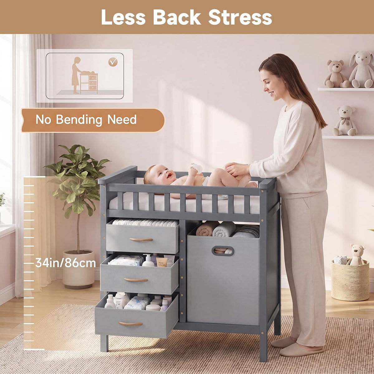 Wooden Baby Changing Table with Comfy Changing Pad, 3 Fabric Drawers, Laundry Hamper, Safety Belt, Diaper Station Dresser for Nursery Infant (White)