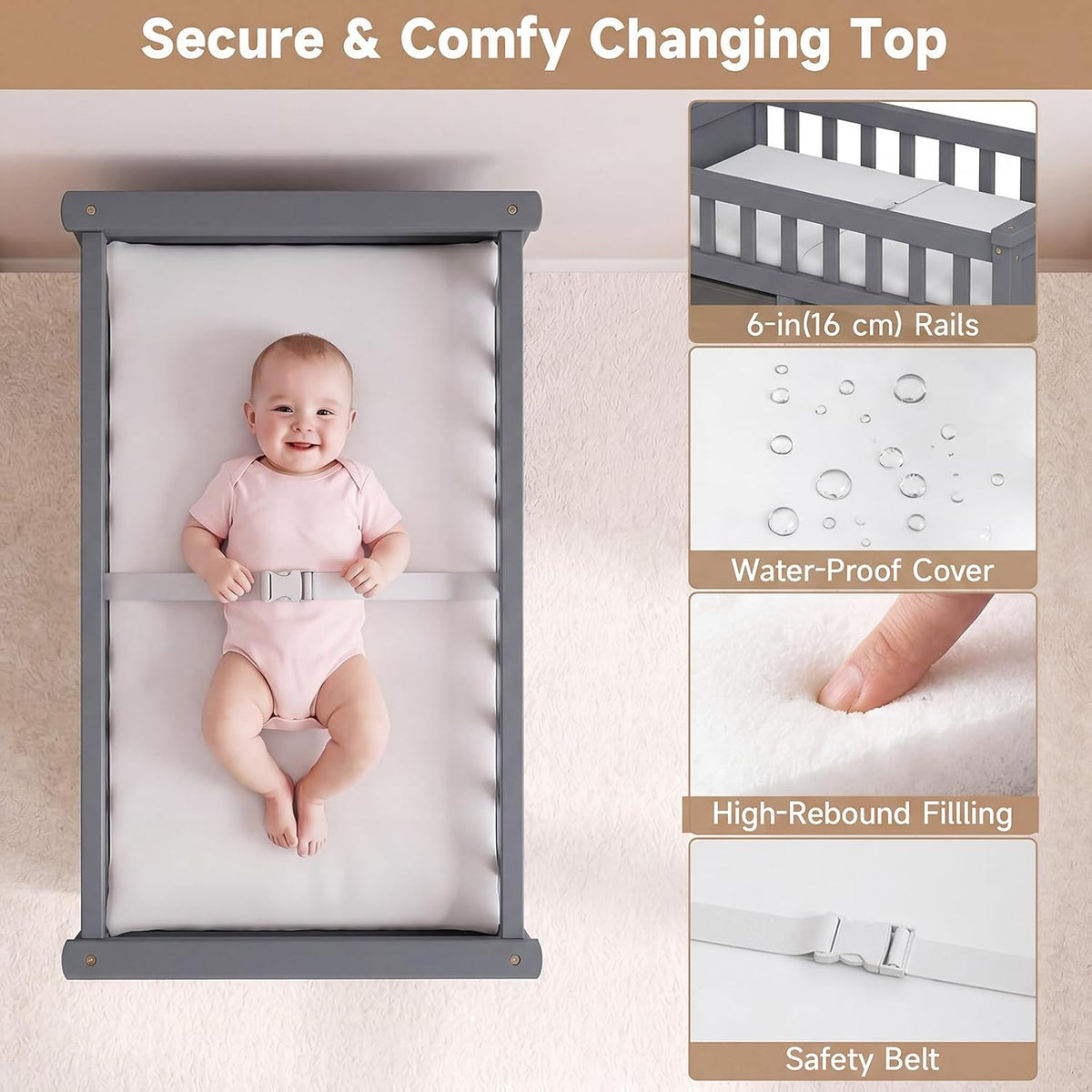 Wooden Baby Changing Table with Comfy Changing Pad, 3 Fabric Drawers, Laundry Hamper, Safety Belt, Diaper Station Dresser for Nursery Infant (White)