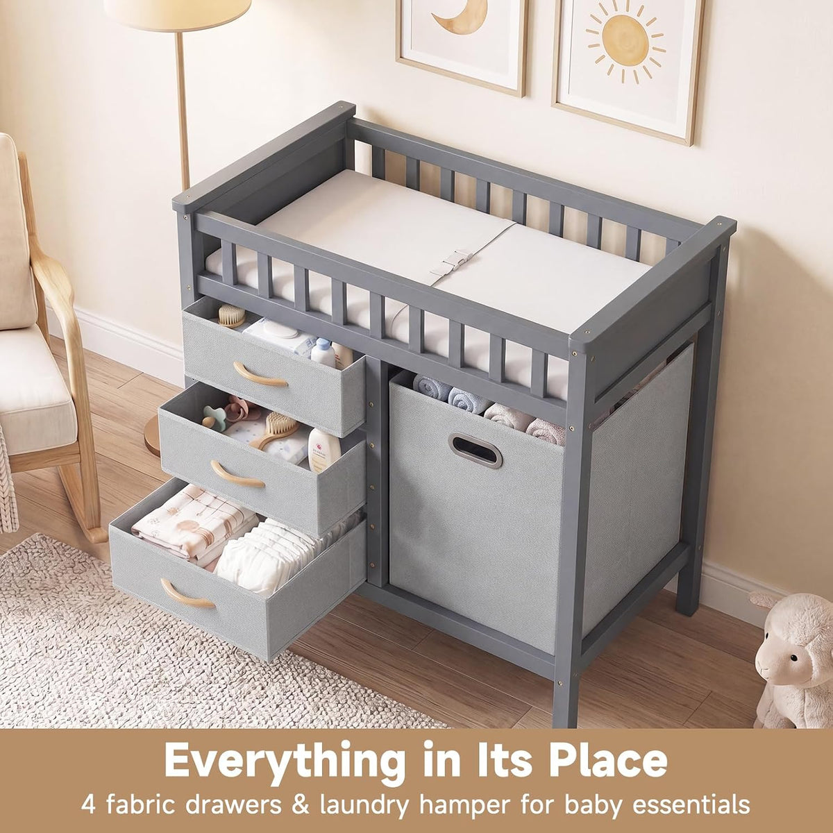 Wooden Baby Changing Table with Comfy Changing Pad, 3 Fabric Drawers, Laundry Hamper, Safety Belt, Diaper Station Dresser for Nursery Infant (White)