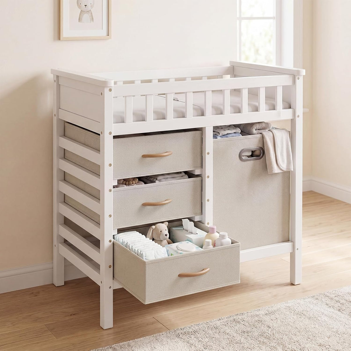 Wooden Baby Changing Table with Comfy Changing Pad, 3 Fabric Drawers, Laundry Hamper, Safety Belt, Diaper Station Dresser for Nursery Infant (White)