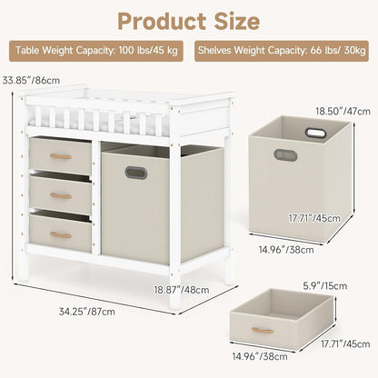 Wooden Baby Changing Table with Comfy Changing Pad, 3 Fabric Drawers, Laundry Hamper, Safety Belt, Diaper Station Dresser for Nursery Infant (White)