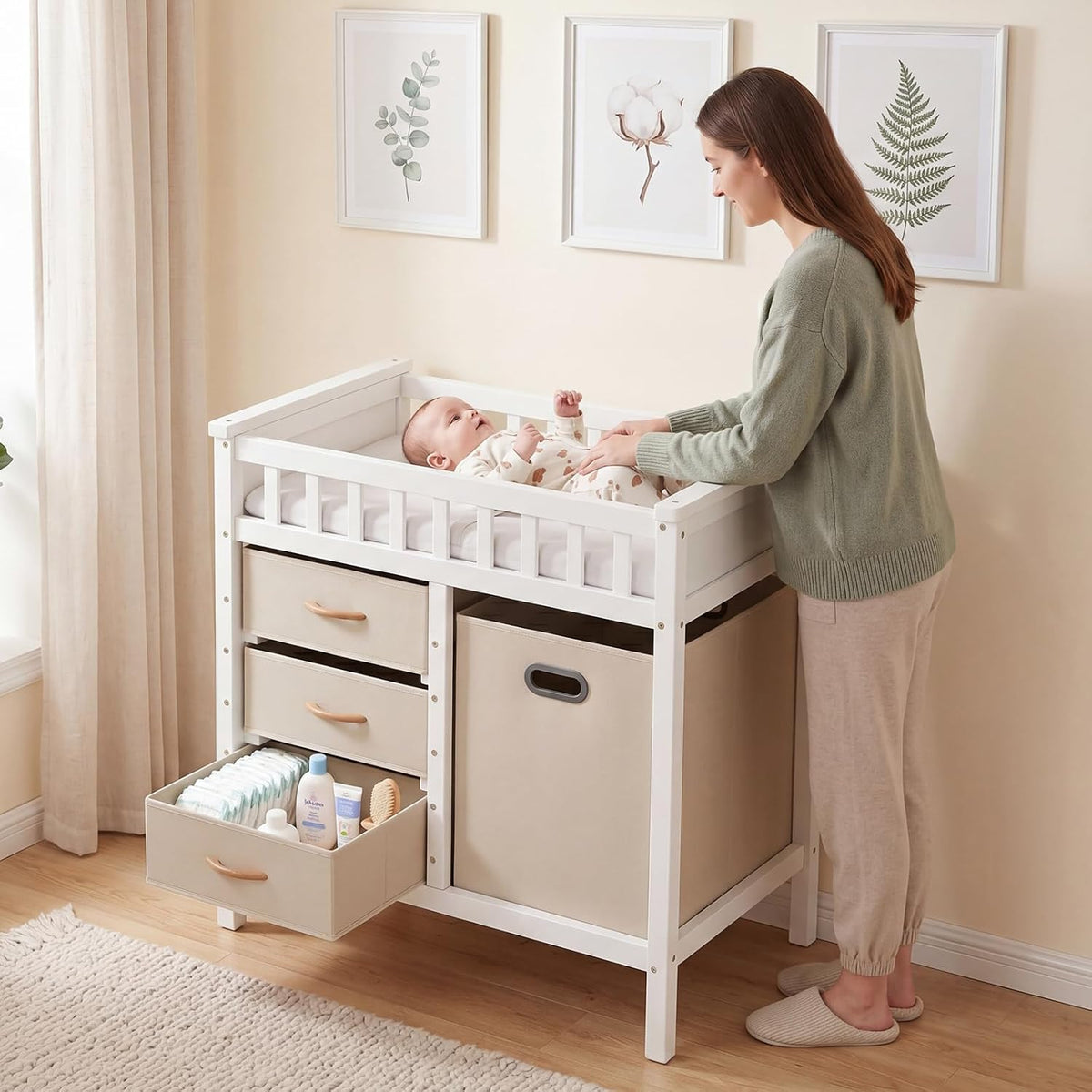 Wooden Baby Changing Table with Comfy Changing Pad, 3 Fabric Drawers, Laundry Hamper, Safety Belt, Diaper Station Dresser for Nursery Infant (White)