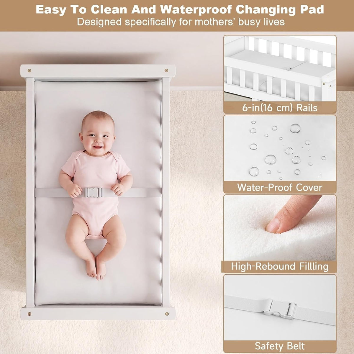 Wooden Baby Changing Table with Comfy Changing Pad, 3 Fabric Drawers, Laundry Hamper, Safety Belt, Diaper Station Dresser for Nursery Infant (White)