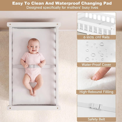 Wooden Baby Changing Table with Comfy Changing Pad, 3 Fabric Drawers, Laundry Hamper, Safety Belt, Diaper Station Dresser for Nursery Infant (White)