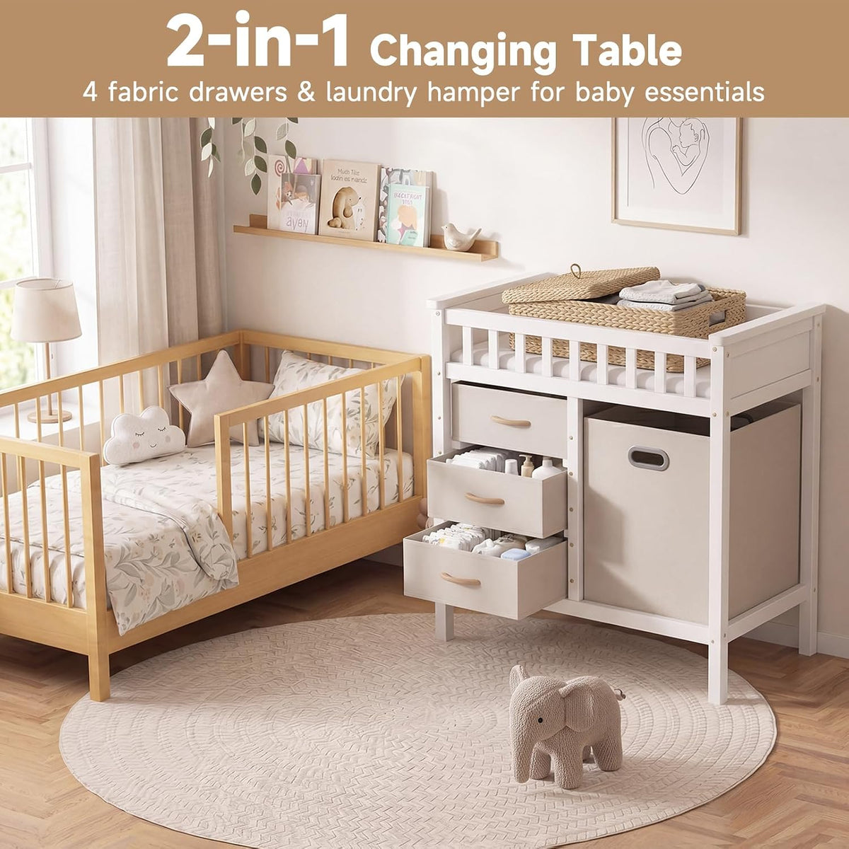 Wooden Baby Changing Table with Comfy Changing Pad, 3 Fabric Drawers, Laundry Hamper, Safety Belt, Diaper Station Dresser for Nursery Infant (White)