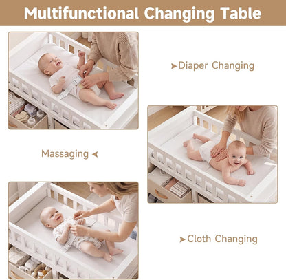 Wooden Baby Changing Table with Comfy Changing Pad, 3 Fabric Drawers, Laundry Hamper, Safety Belt, Diaper Station Dresser for Nursery Infant (White)