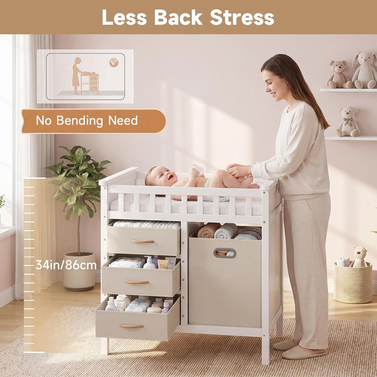Wooden Baby Changing Table with Comfy Changing Pad, 3 Fabric Drawers, Laundry Hamper, Safety Belt, Diaper Station Dresser for Nursery Infant (White)