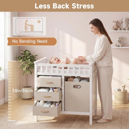 Wooden Baby Changing Table with Comfy Changing Pad, 3 Fabric Drawers, Laundry Hamper, Safety Belt, Diaper Station Dresser for Nursery Infant (White)