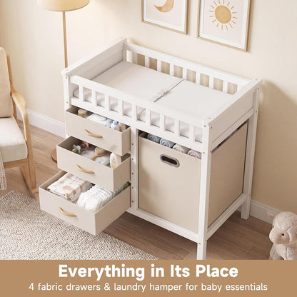 Wooden Baby Changing Table with Comfy Changing Pad, 3 Fabric Drawers, Laundry Hamper, Safety Belt, Diaper Station Dresser for Nursery Infant (White)