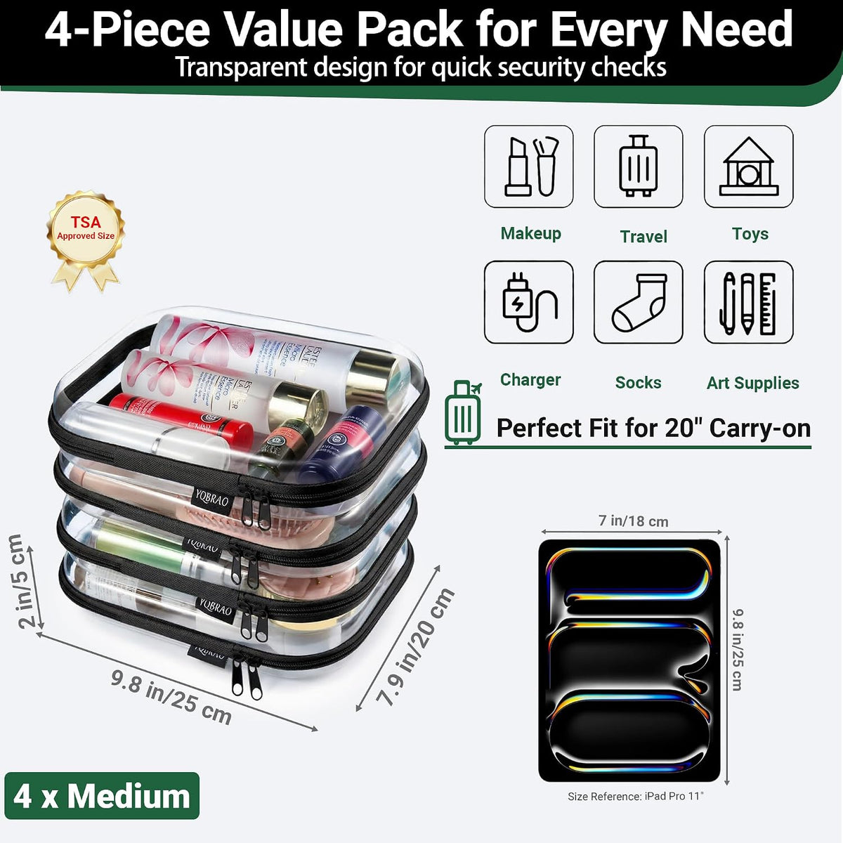Clear Hard Shell Zipper Cases, 4 Medium Makeup Organizers, White