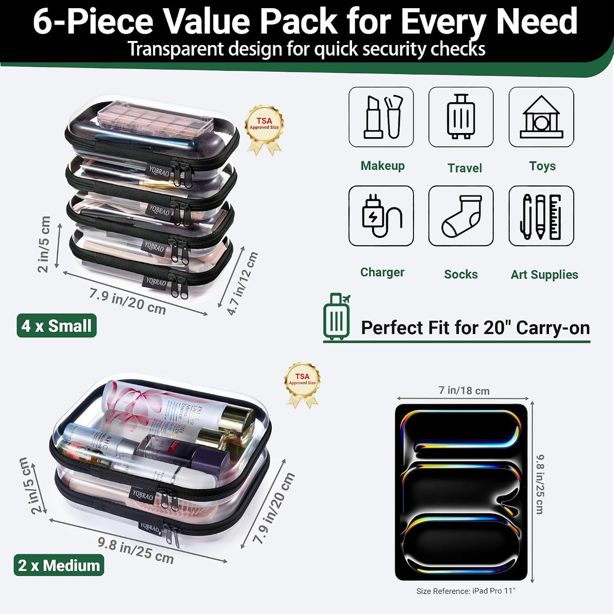 Clear Hard Shell Zipper Cases, 4 Medium Makeup Organizers, White