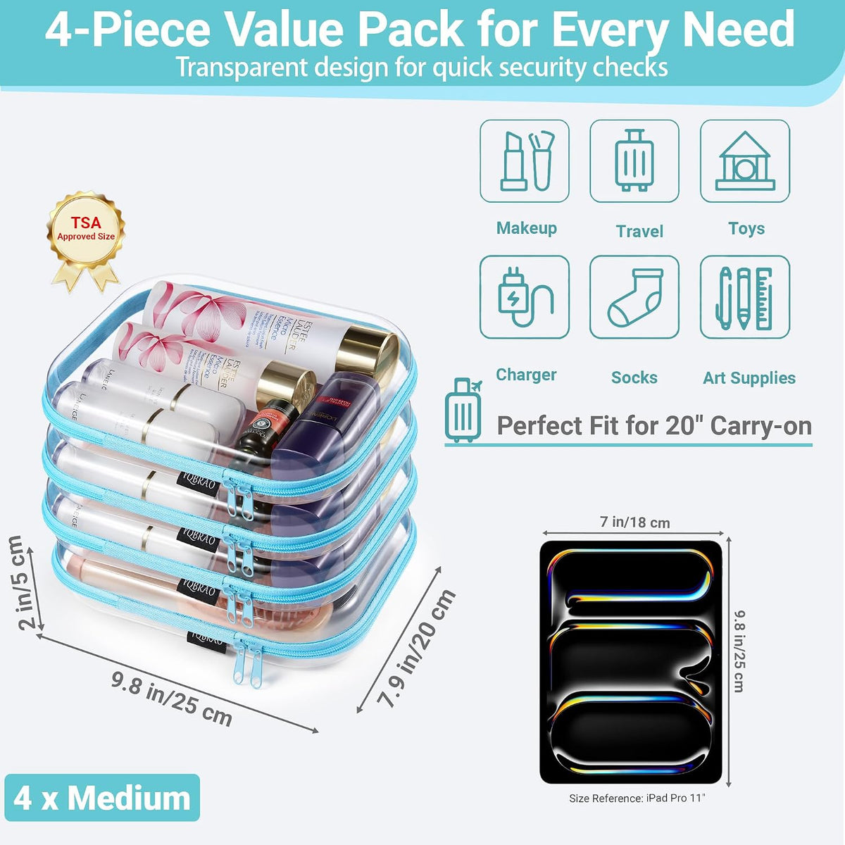 Clear Hard Shell Zipper Cases, 4 Medium Makeup Organizers, White