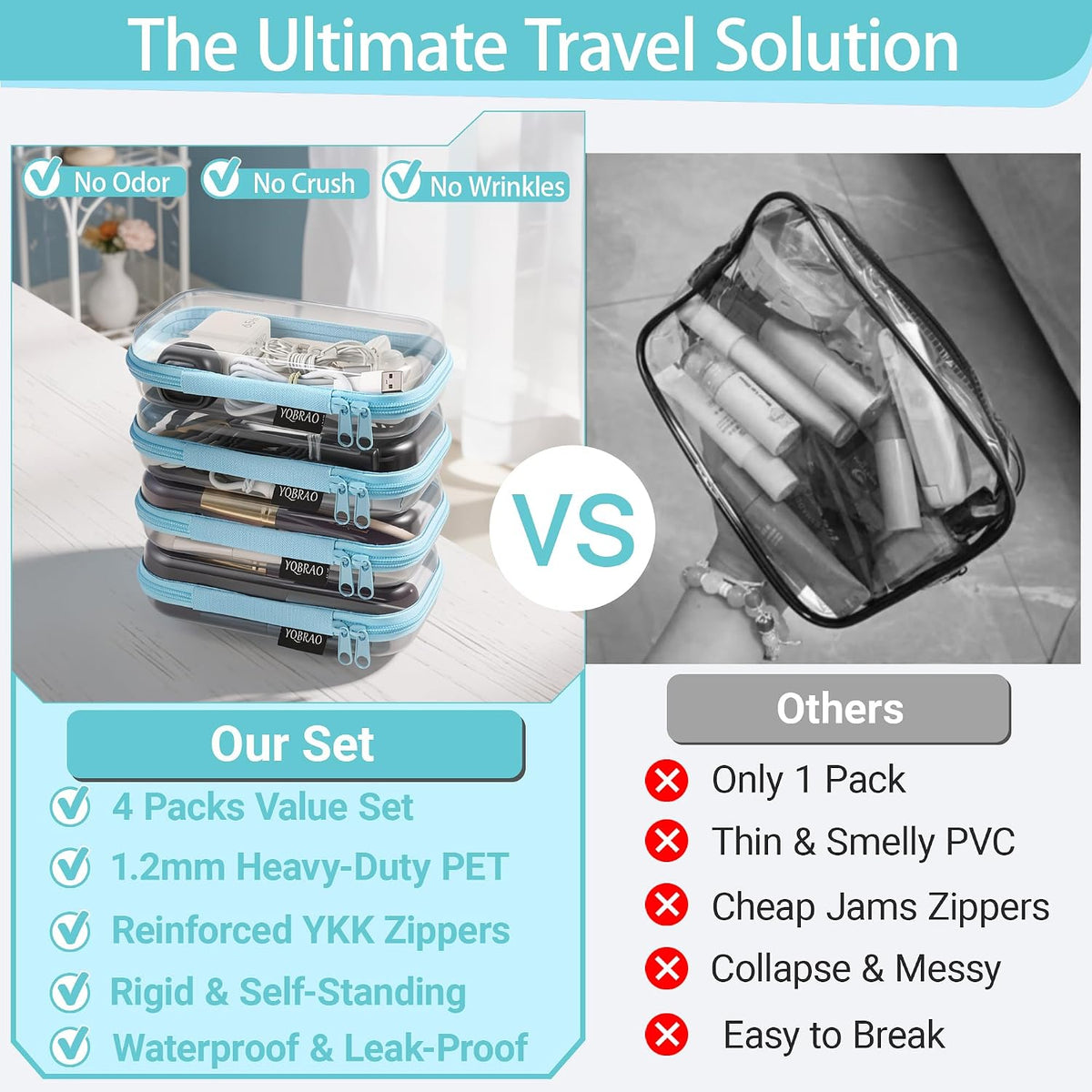 Clear Hard Shell Zipper Cases, 4 Medium Makeup Organizers, White