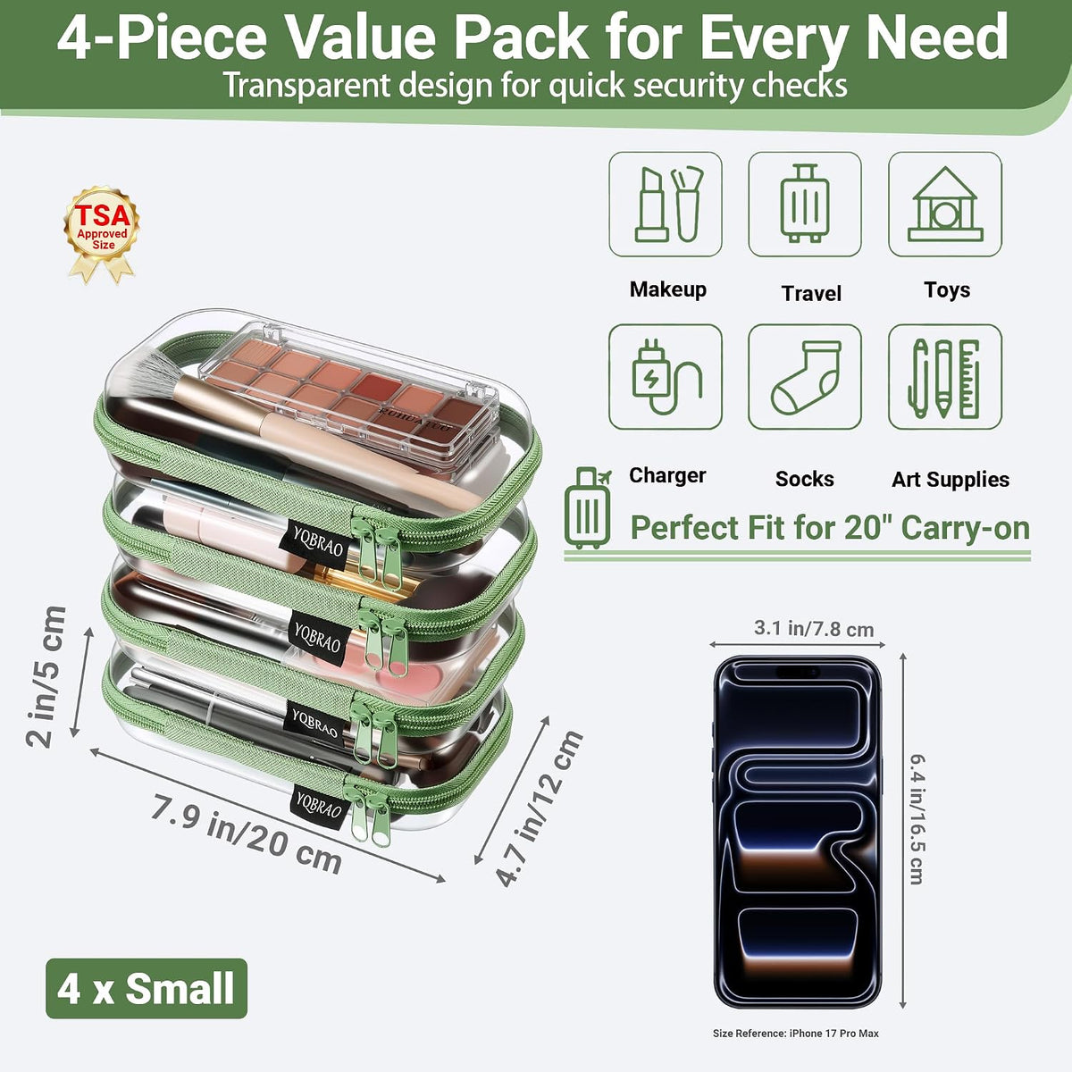 Clear Hard Shell Zipper Cases, 4 Medium Makeup Organizers, White