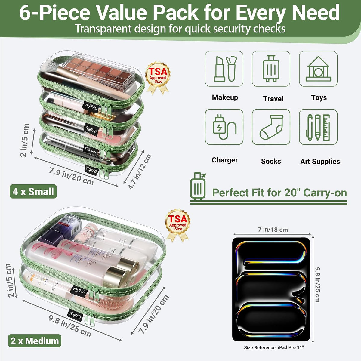 Clear Hard Shell Zipper Cases, 4 Medium Makeup Organizers, White