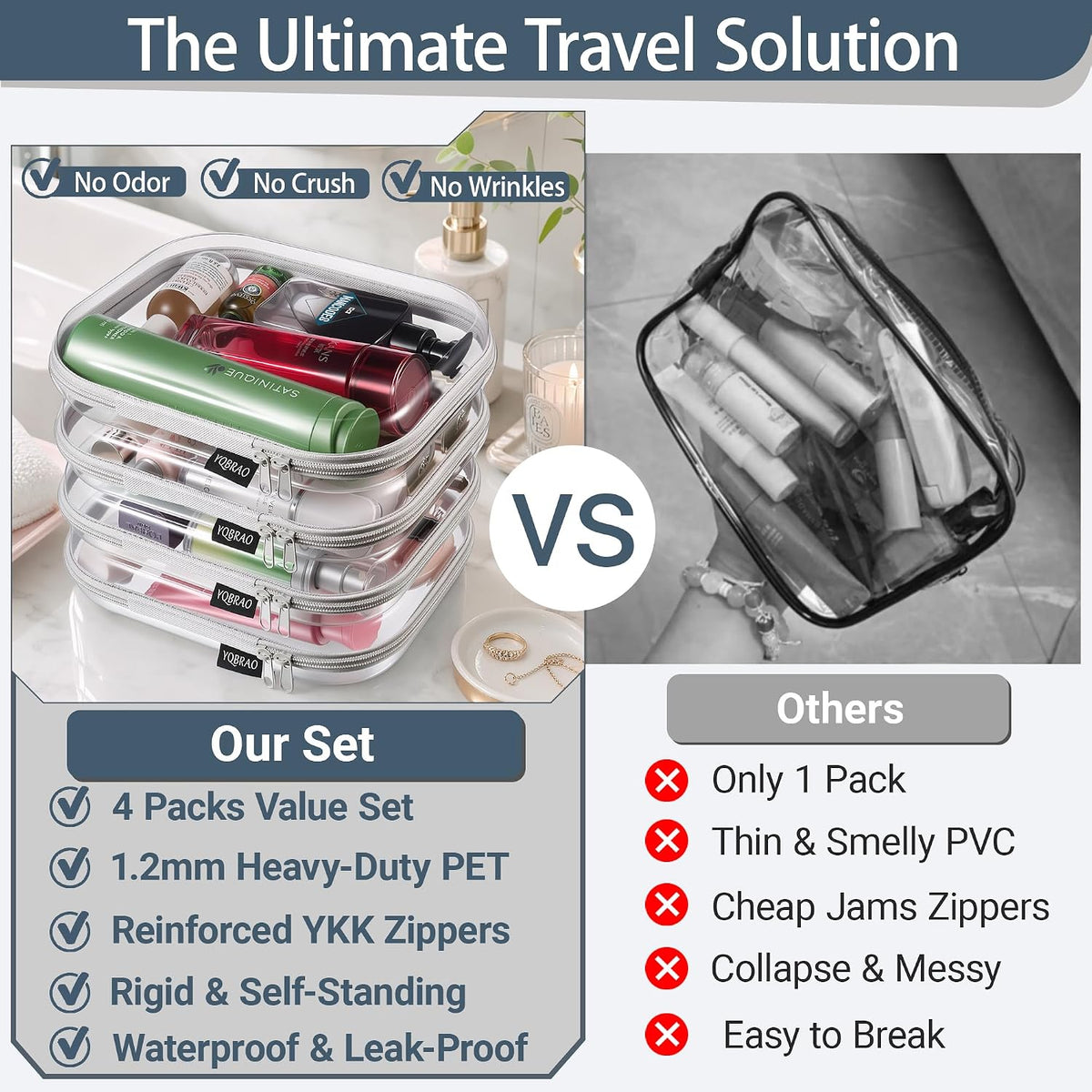 Clear Hard Shell Zipper Cases, 4 Medium Makeup Organizers, White