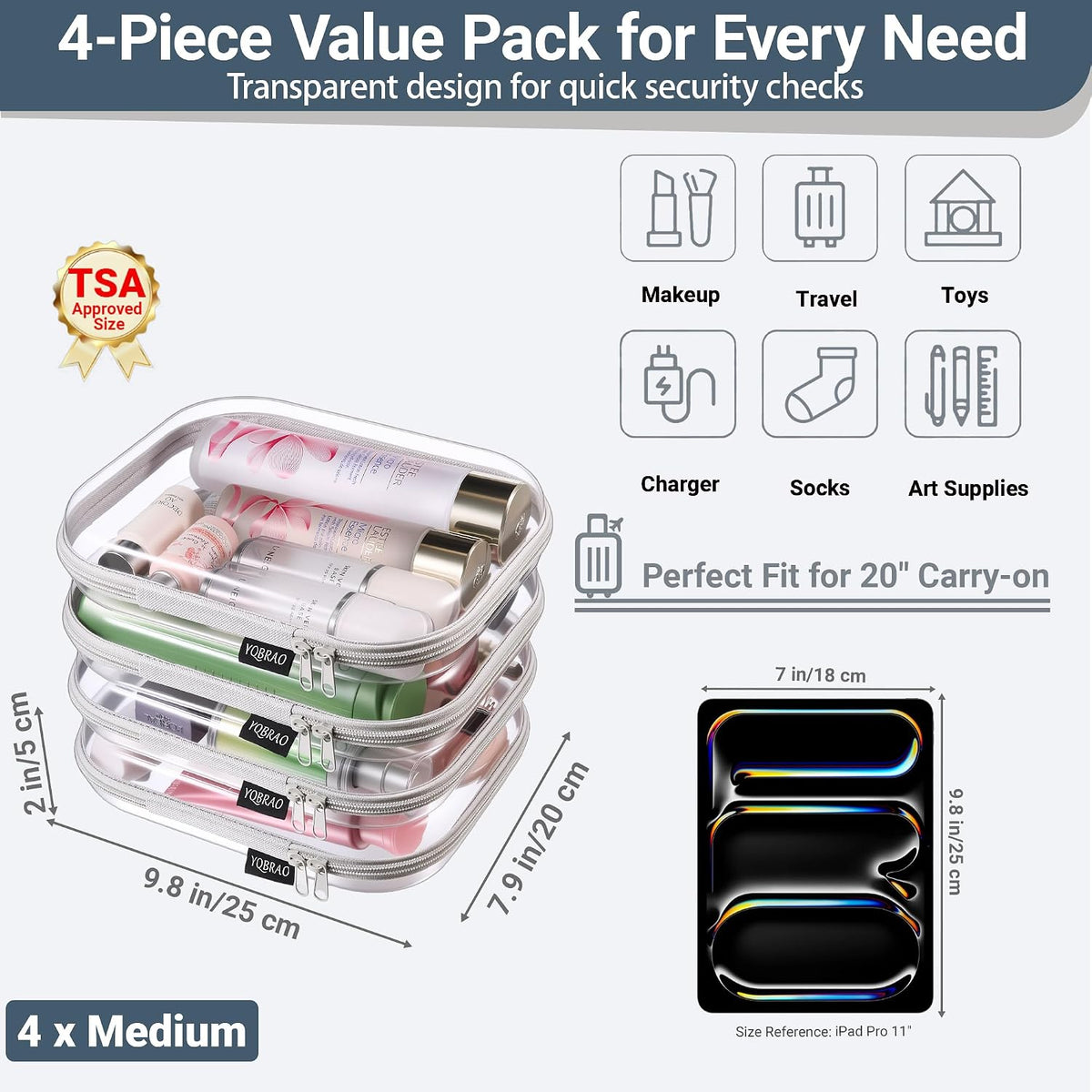 Clear Hard Shell Zipper Cases, 4 Medium Makeup Organizers, White