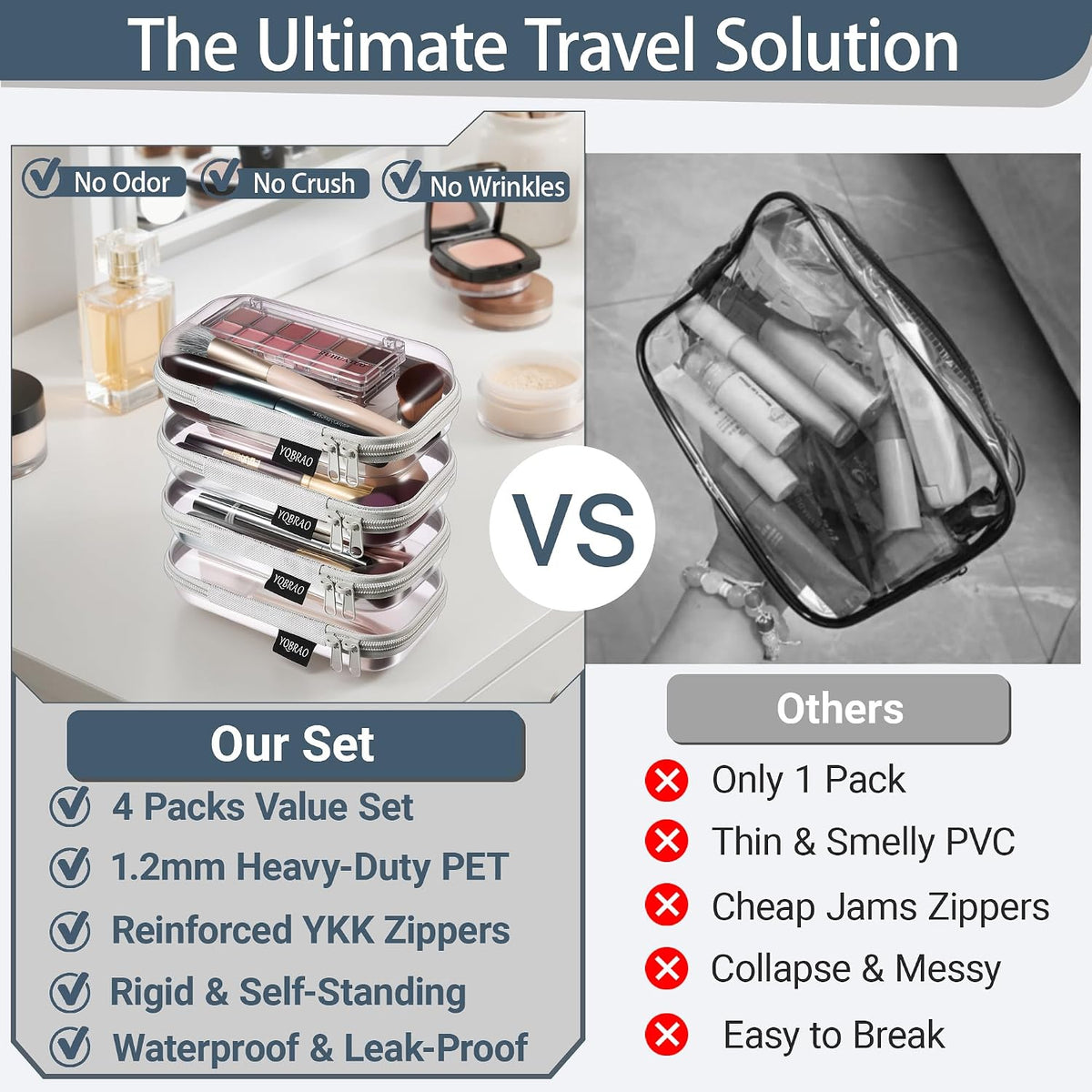Clear Hard Shell Zipper Cases, 4 Medium Makeup Organizers, White