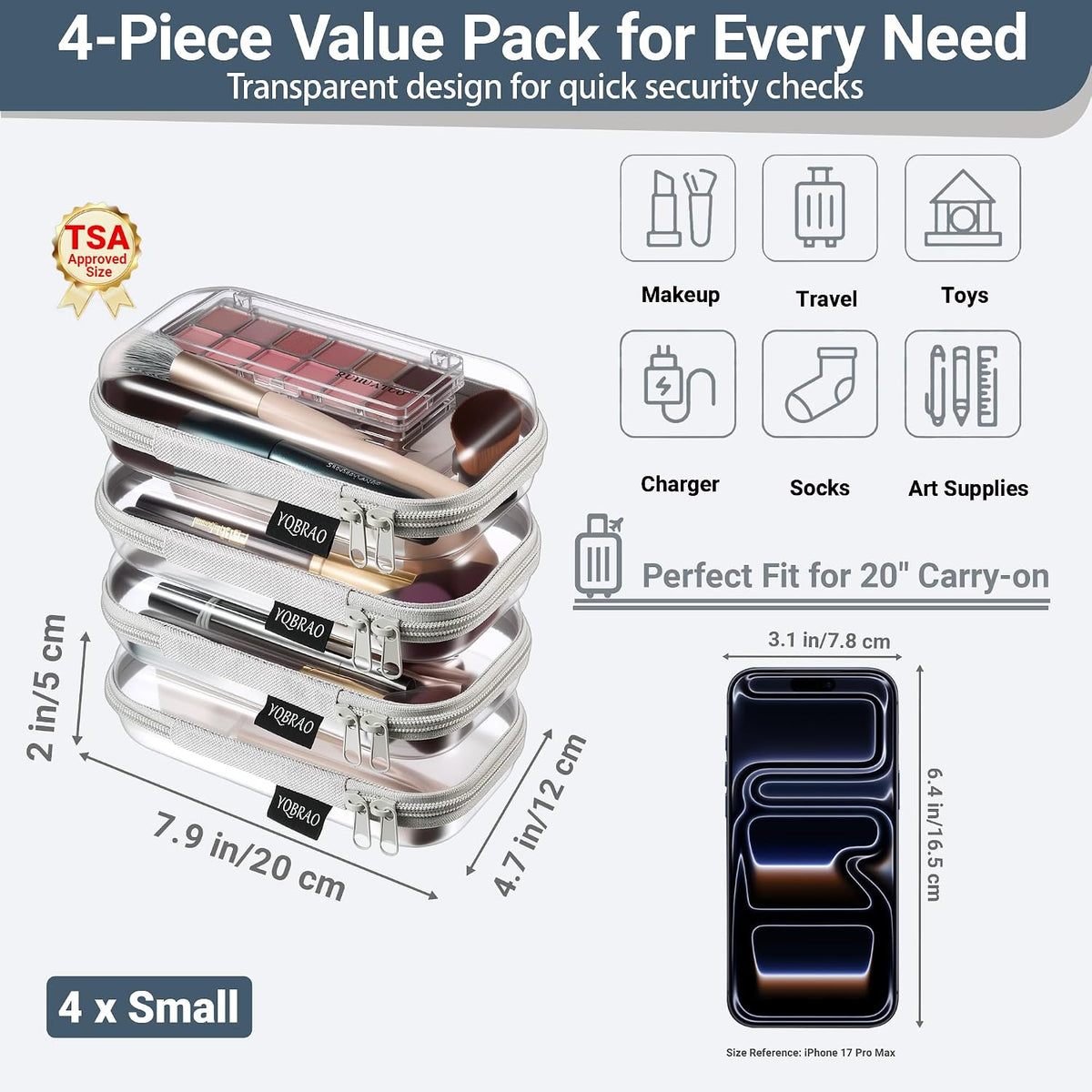 Clear Hard Shell Zipper Cases, 4 Medium Makeup Organizers, White