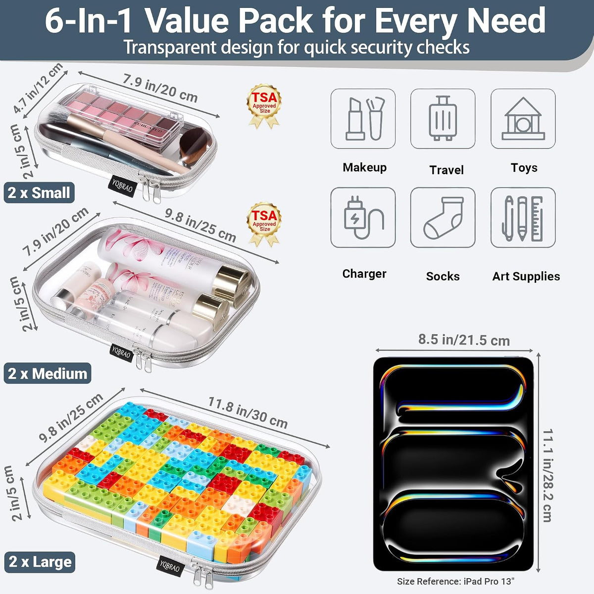 Clear Hard Shell Zipper Cases, 4 Medium Makeup Organizers, White