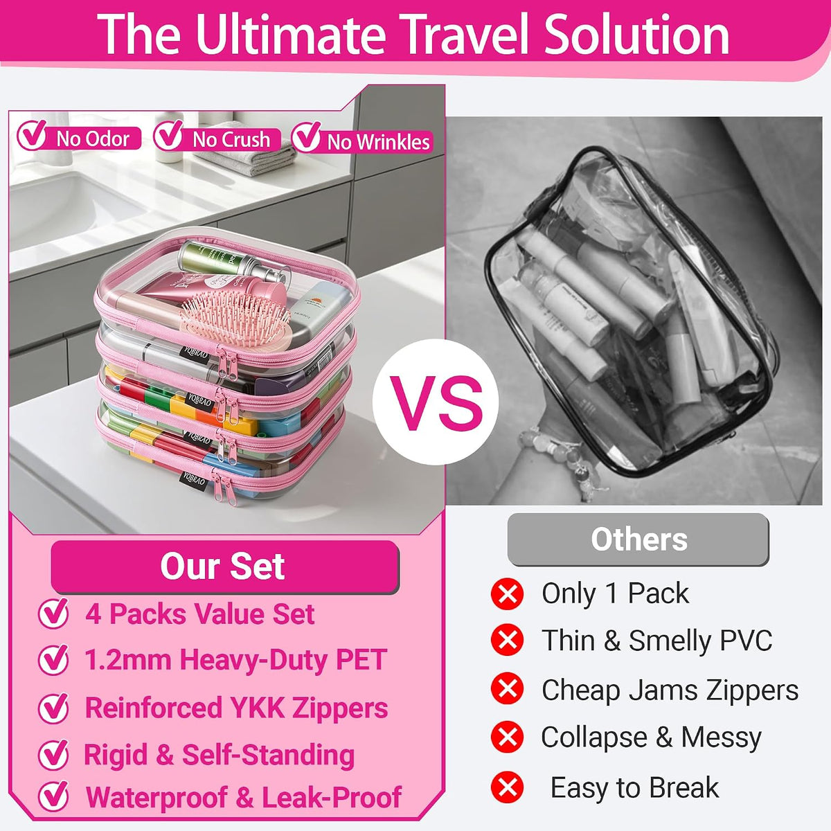 Clear Hard Shell Zipper Cases, 4 Medium Makeup Organizers, White