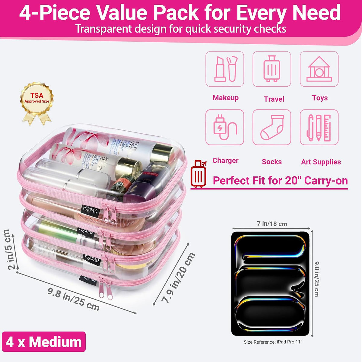 Clear Hard Shell Zipper Cases, 4 Medium Makeup Organizers, White