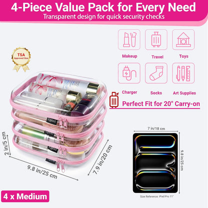 Clear Hard Shell Zipper Cases, 4 Medium Makeup Organizers, White
