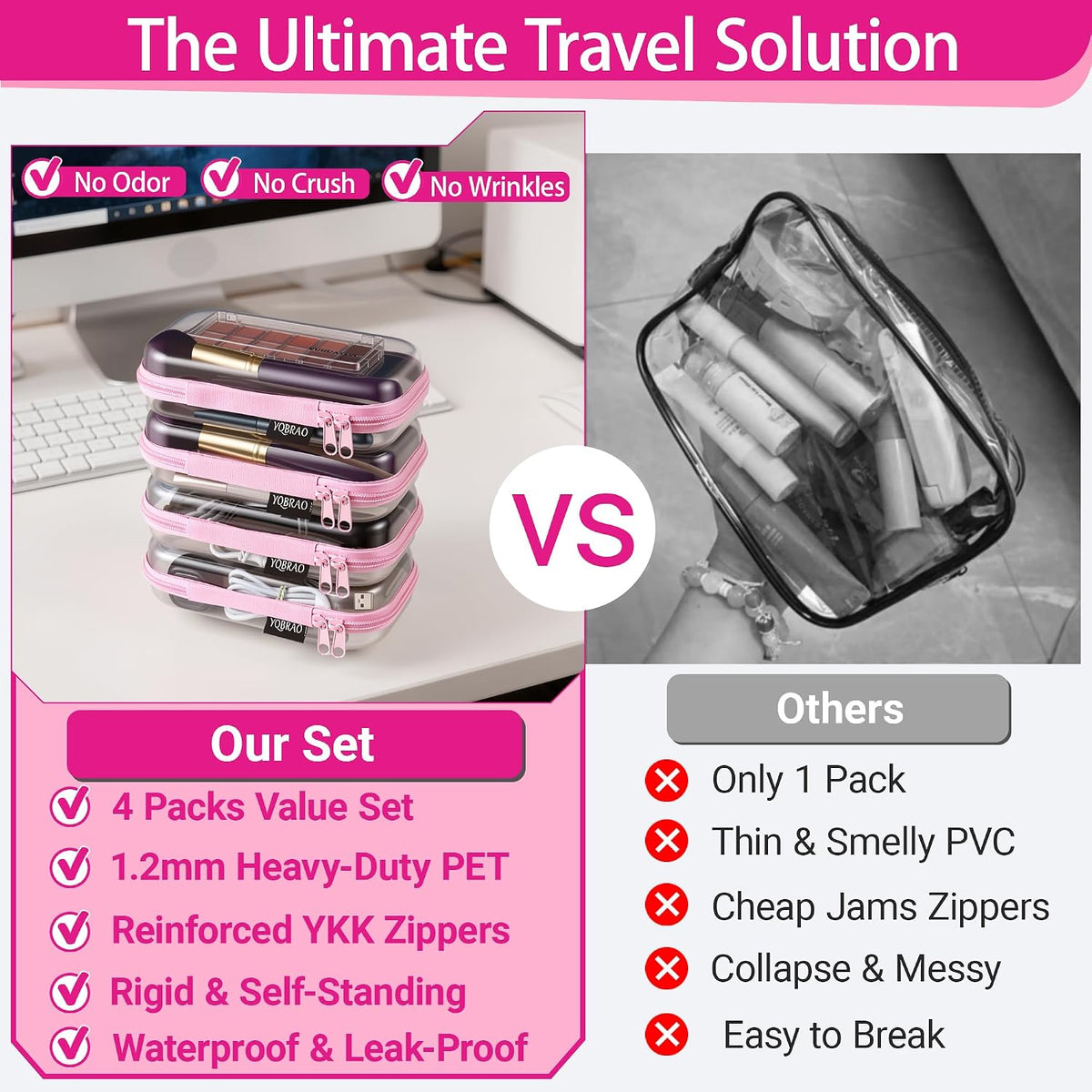 Clear Hard Shell Zipper Cases, 4 Medium Makeup Organizers, White
