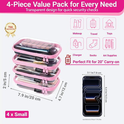 Clear Hard Shell Zipper Cases, 4 Medium Makeup Organizers, White