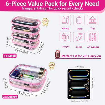 Clear Hard Shell Zipper Cases, 4 Medium Makeup Organizers, White
