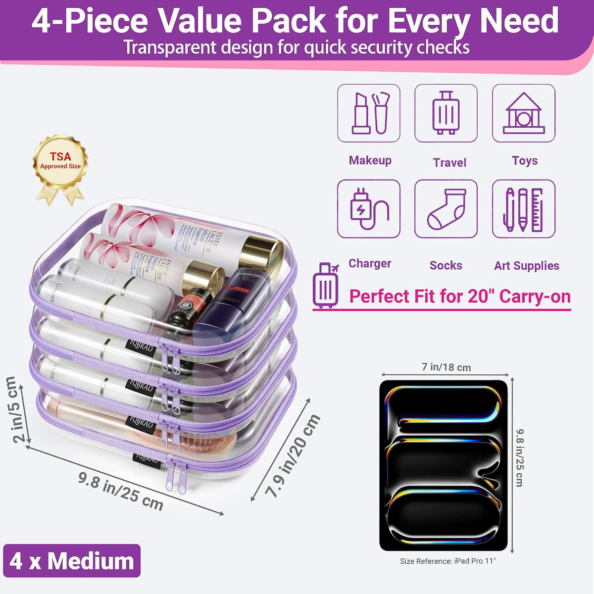 Clear Hard Shell Zipper Cases, 4 Medium Makeup Organizers, White