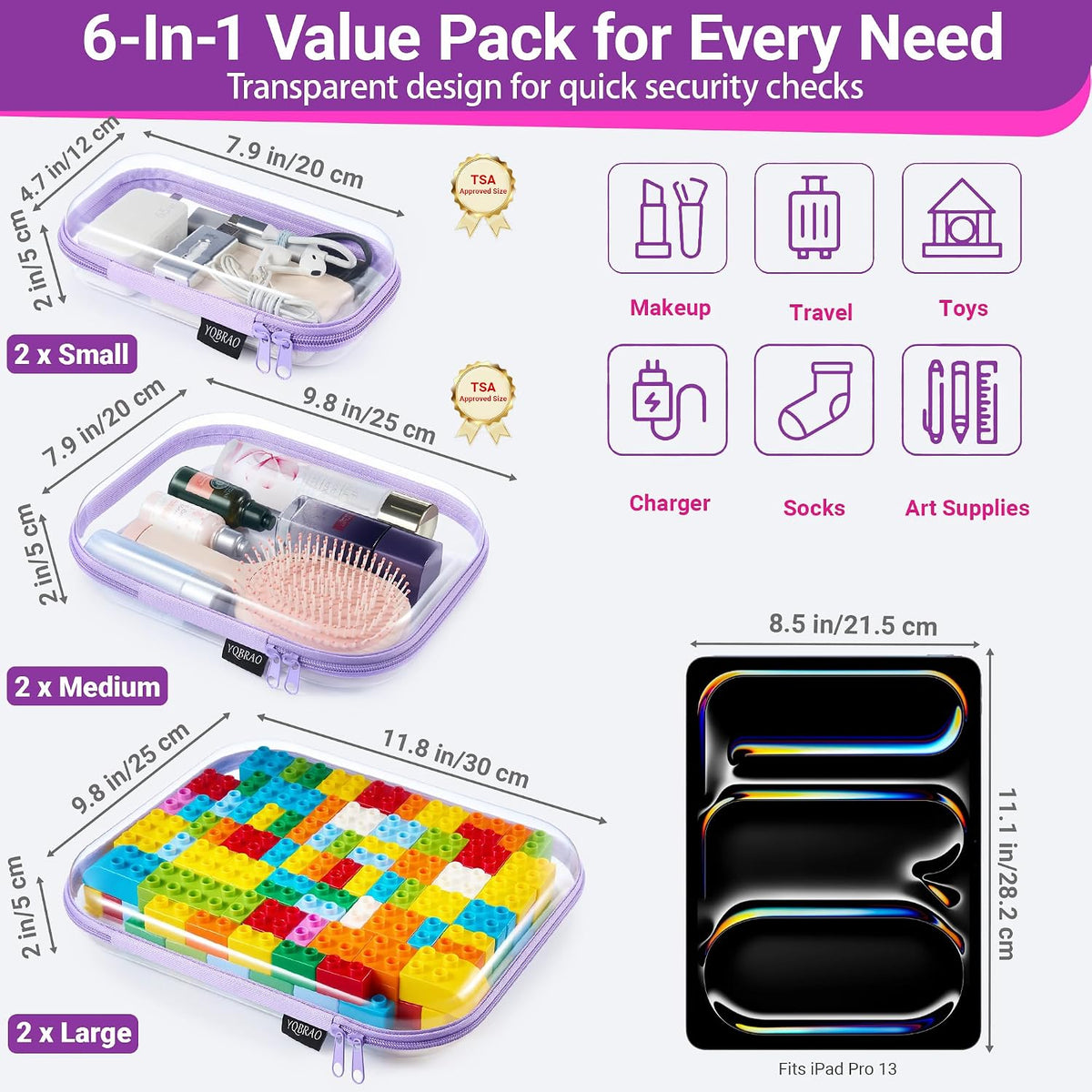 Clear Hard Shell Zipper Cases, 4 Medium Makeup Organizers, White
